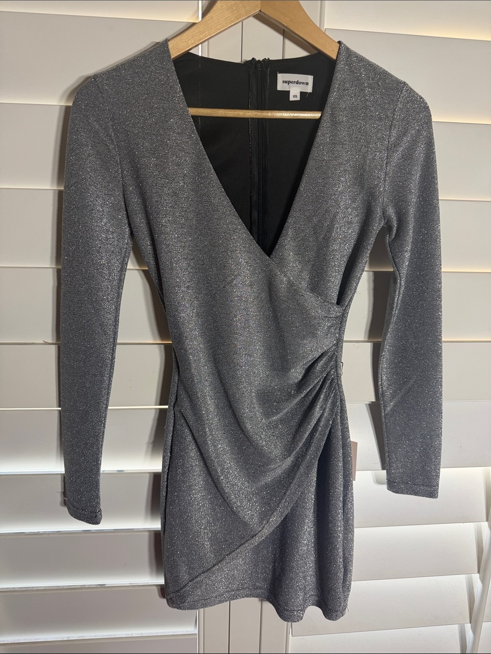 superdown Silver Sparkle Wrap-Front Long Sleeve Mini Dress